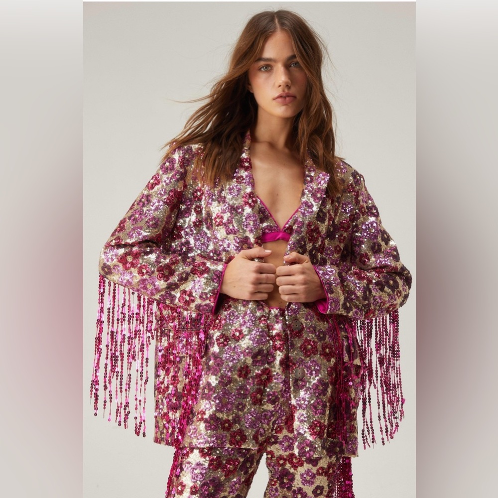 Nasty Gal Floral Sequin Fringe Blazer